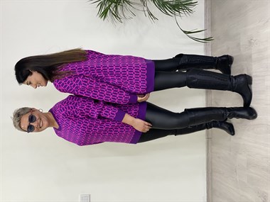 Mor Pembe Geometrik Desen Bisiklet Yaka Triko Kadın Kazak