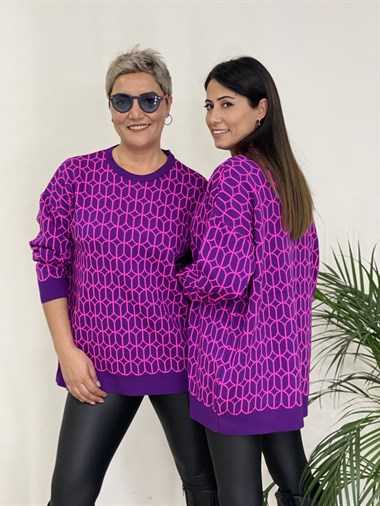 Mor Pembe Geometrik Desen Bisiklet Yaka Triko Kadın Kazak