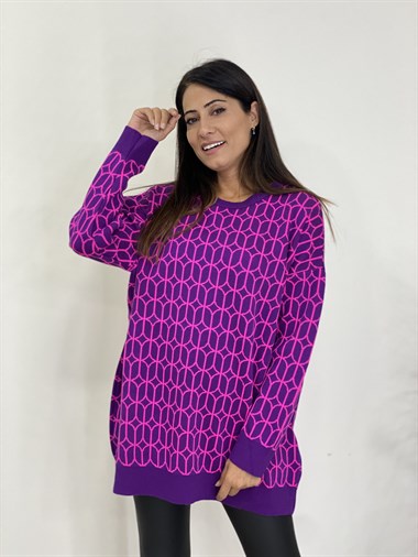 Mor Pembe Geometrik Desen Bisiklet Yaka Triko Kadın Kazak