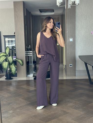 Mor V Yaka Bluz Bol Paça Pantolon Kadın Alt Üst Takım