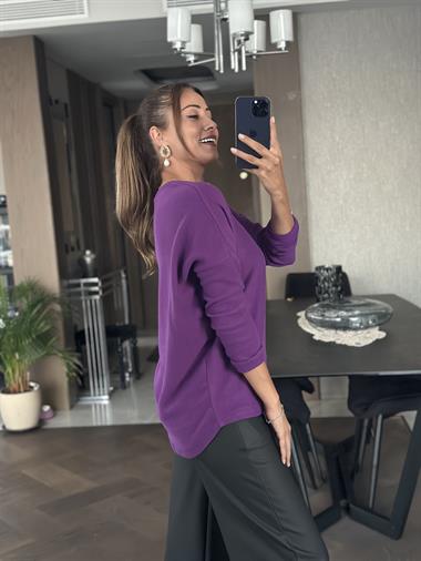 Mor V Yaka Uzun Kol Yumoş Kadın Bluz