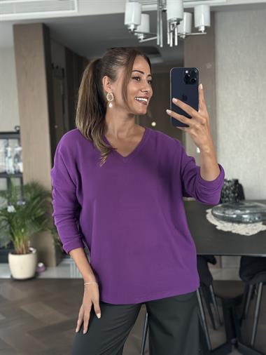 Mor V Yaka Uzun Kol Yumoş Kadın Bluz