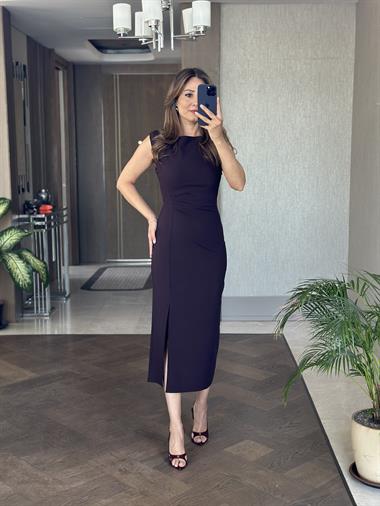 Mürdüm Beli Ve Omzu Drapeli Sıfır Kol Kadın Midi Boy Elbise