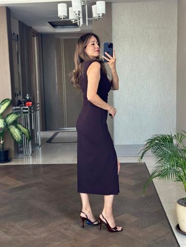 Mürdüm Beli Ve Omzu Drapeli Sıfır Kol Kadın Midi Boy Elbise