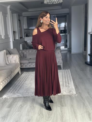 Mürdüm Bluzlu Piliseli Midi Boy Kadın İkili Elbise