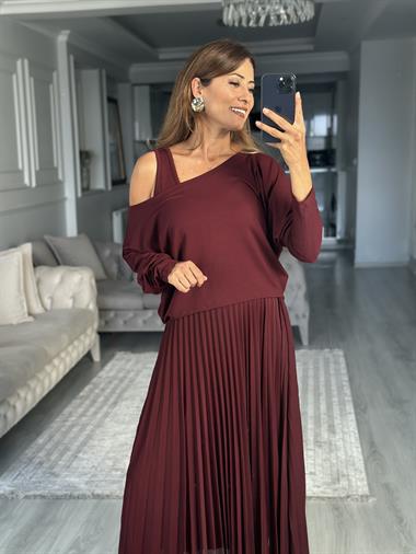 Mürdüm Bluzlu Piliseli Midi Boy Kadın İkili Elbise