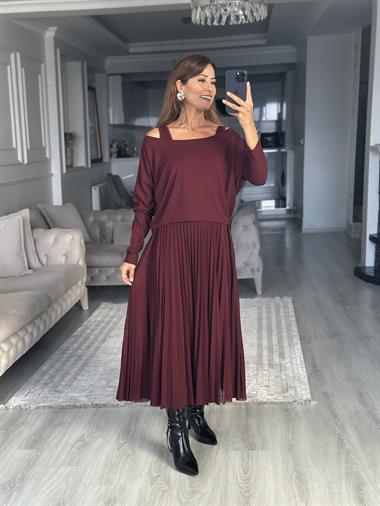 Mürdüm Bluzlu Piliseli Midi Boy Kadın İkili Elbise