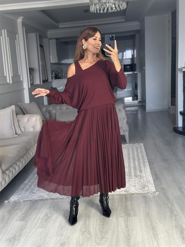 Mürdüm Bluzlu Piliseli Midi Boy Kadın İkili Elbise