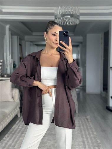 Mürdüm Düşük Omuzlu Oversize Kadın Gömlek