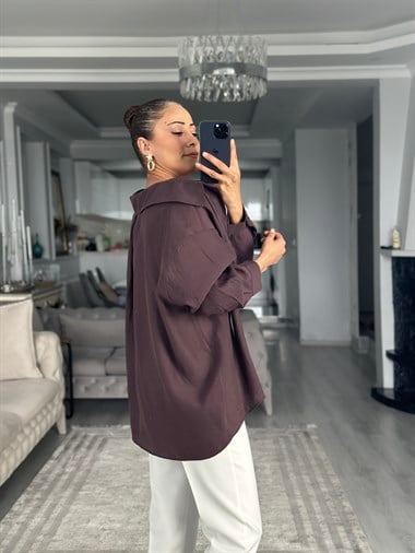 Mürdüm Düşük Omuzlu Oversize Kadın Gömlek