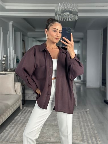 Mürdüm Düşük Omuzlu Oversize Kadın Gömlek