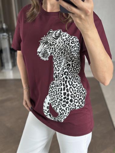 Mürdüm Kaplan Taş Baskılı Bisiklet Yaka Kadın T-Shirt