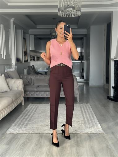Mürdüm Kemerli Flatolu Kadın Kumaş Pantolon