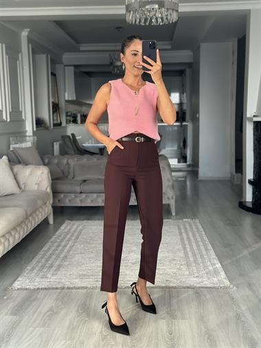 Mürdüm Kemerli Flatolu Kadın Kumaş Pantolon