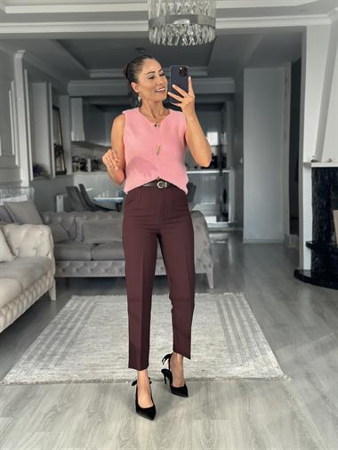 Mürdüm Kemerli Flatolu Kadın Kumaş Pantolon