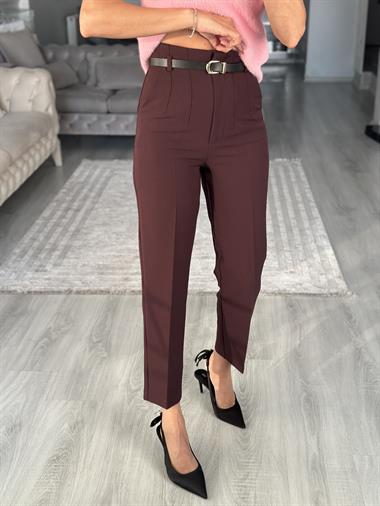Mürdüm Kemerli Flatolu Kadın Kumaş Pantolon