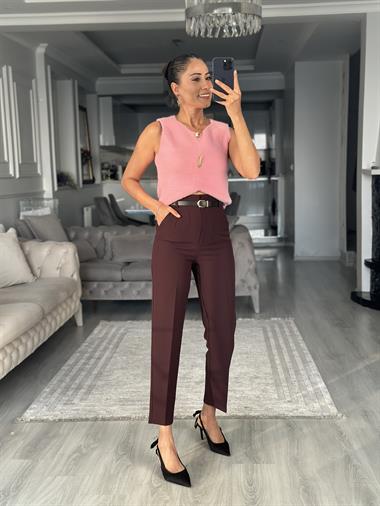 Mürdüm Kemerli Flatolu Kadın Kumaş Pantolon