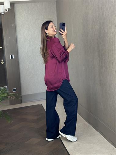 Mürdüm Kırışık Saten Uzun Kol Kadın Gömlek