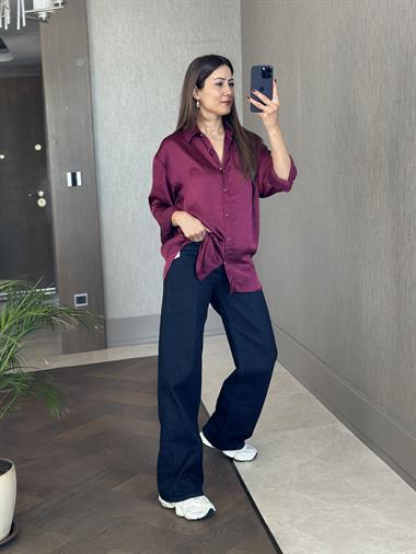 Mürdüm Kırışık Saten Uzun Kol Kadın Gömlek