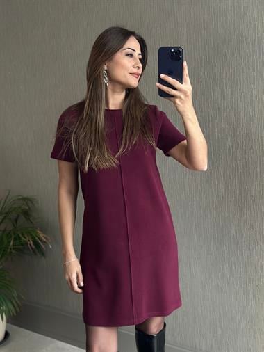 Mürdüm Kısa Kol Bisiklet Yaka Fitilli Kadife Kadın Mini Elbise