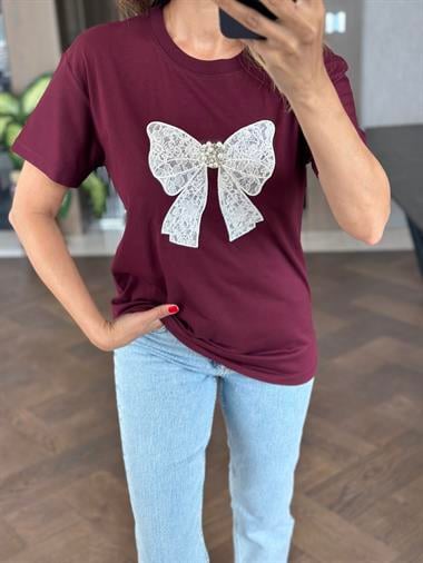 Mürdüm Kurdele Taşlı Bisiklet Yaka Kadın T-Shirt