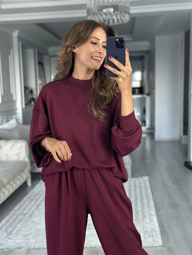 Mürdüm Oversize Bisiklet Yaka Sweatshirt Pantolon Kadın Alt Üst Takım