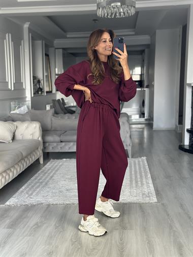 Mürdüm Oversize Bisiklet Yaka Sweatshirt Pantolon Kadın Alt Üst Takım