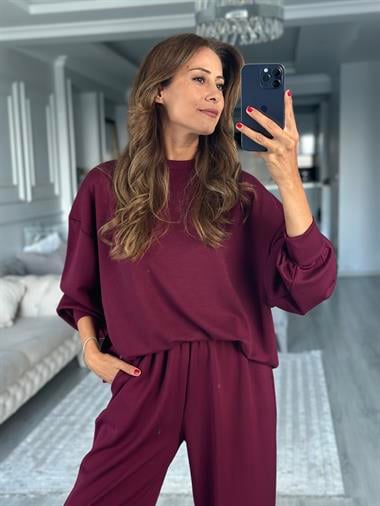 Mürdüm Oversize Bisiklet Yaka Sweatshirt Pantolon Kadın Alt Üst Takım