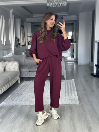 Mürdüm Oversize Bisiklet Yaka Sweatshirt Pantolon Kadın Alt Üst Takım
