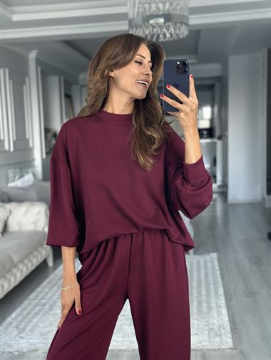 Mürdüm Oversize Bisiklet Yaka Sweatshirt Pantolon Kadın Alt Üst Takım