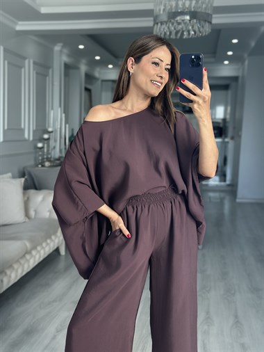 Mürdüm Pelerin Bluz Pantolon Kadın İkili Takım
