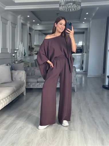 Mürdüm Pelerin Bluz Pantolon Kadın İkili Takım