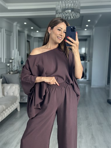 Mürdüm Pelerin Bluz Pantolon Kadın İkili Takım