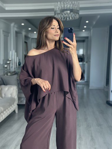 Mürdüm Pelerin Bluz Pantolon Kadın İkili Takım