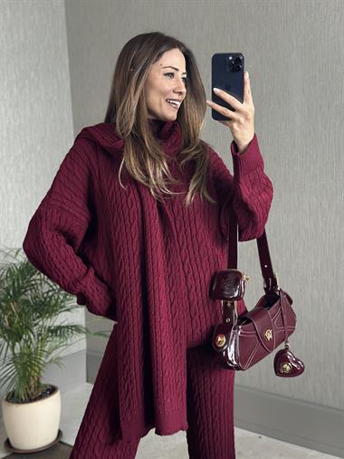 Bordo Saç Örgü Atkı Kazak Pantolon Kadın Üçlü Triko Takım