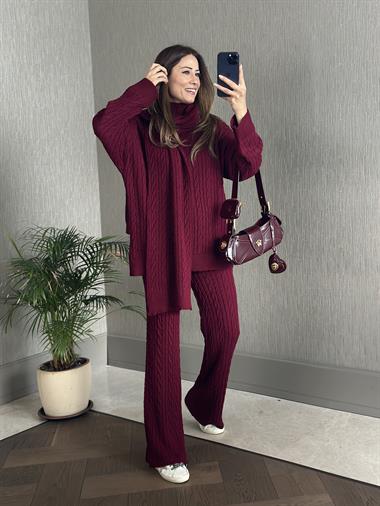 Bordo Saç Örgü Atkı Kazak Pantolon Kadın Üçlü Triko Takım