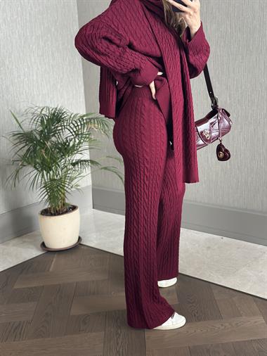 Bordo Saç Örgü Atkı Kazak Pantolon Kadın Üçlü Triko Takım