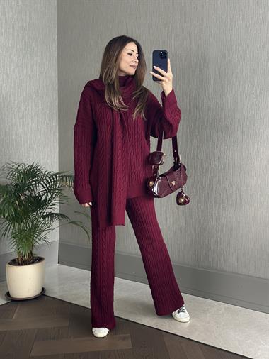 Bordo Saç Örgü Atkı Kazak Pantolon Kadın Üçlü Triko Takım