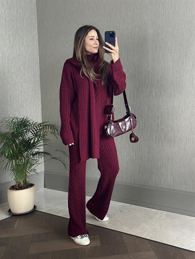 Bordo Saç Örgü Atkı Kazak Pantolon Kadın Üçlü Triko Takım