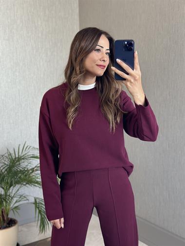 Mürdüm Selanik Eteği Ve Paçası Kesik Sweatshirt Pantolon Kadın Alt Üst Takım