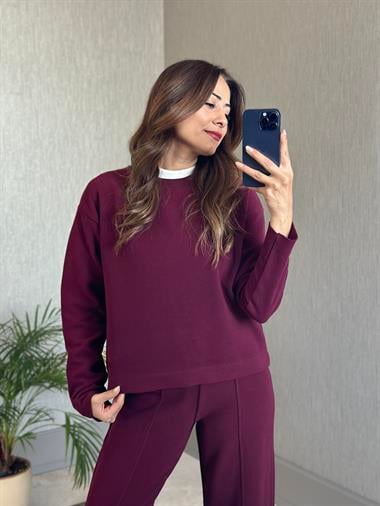 Mürdüm Selanik Eteği Ve Paçası Kesik Sweatshirt Pantolon Kadın Alt Üst Takım