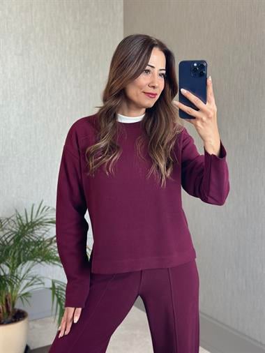 Mürdüm Selanik Eteği Ve Paçası Kesik Sweatshirt Pantolon Kadın Alt Üst Takım