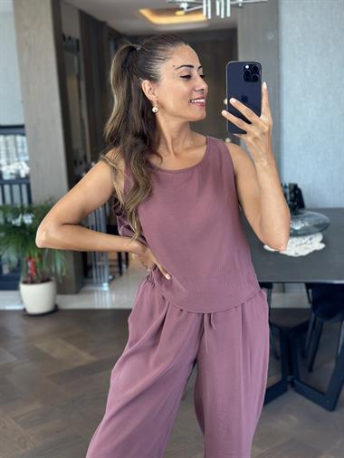 Mürdüm Sıfır Kol Bluz Pantolon Tnsel Alt Üst Takım