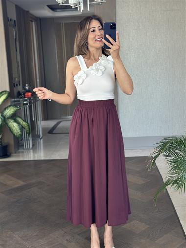 Mürdüm Tnsl Kumaş Beli Lastikli Cepli Kadın Midi Boy Etek