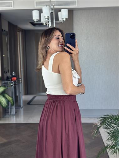 Mürdüm Tnsl Kumaş Beli Lastikli Cepli Kadın Midi Boy Etek