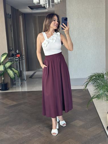 Mürdüm Tnsl Kumaş Beli Lastikli Cepli Kadın Midi Boy Etek
