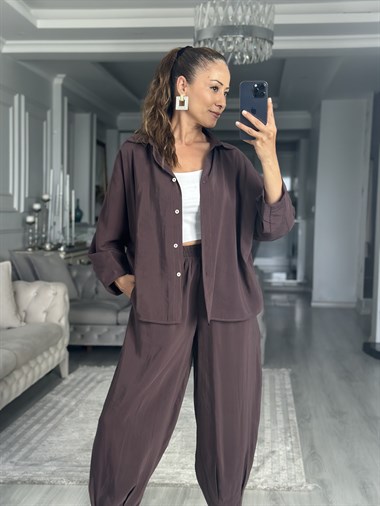 Mürdüm Truvakar Kol Gömlek Balon Pantolon Kadın İkili Takım