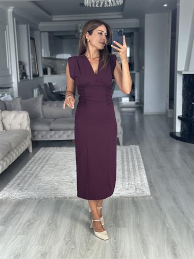 Mürdüm V Yaka Vatkalı Beli Drapeli Midi Boy Kadın Elbise