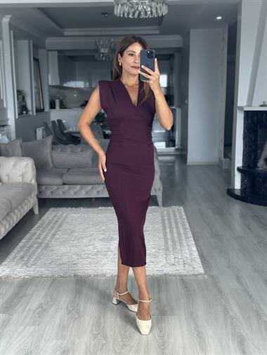 Mürdüm V Yaka Vatkalı Beli Drapeli Midi Boy Kadın Elbise