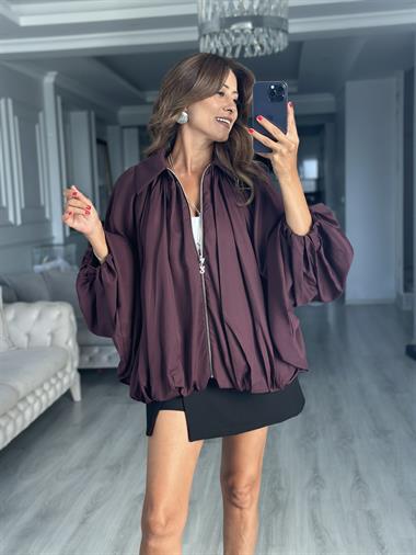 Mürdüm Yarasa Kol Fermuarlı Kadın Ceket